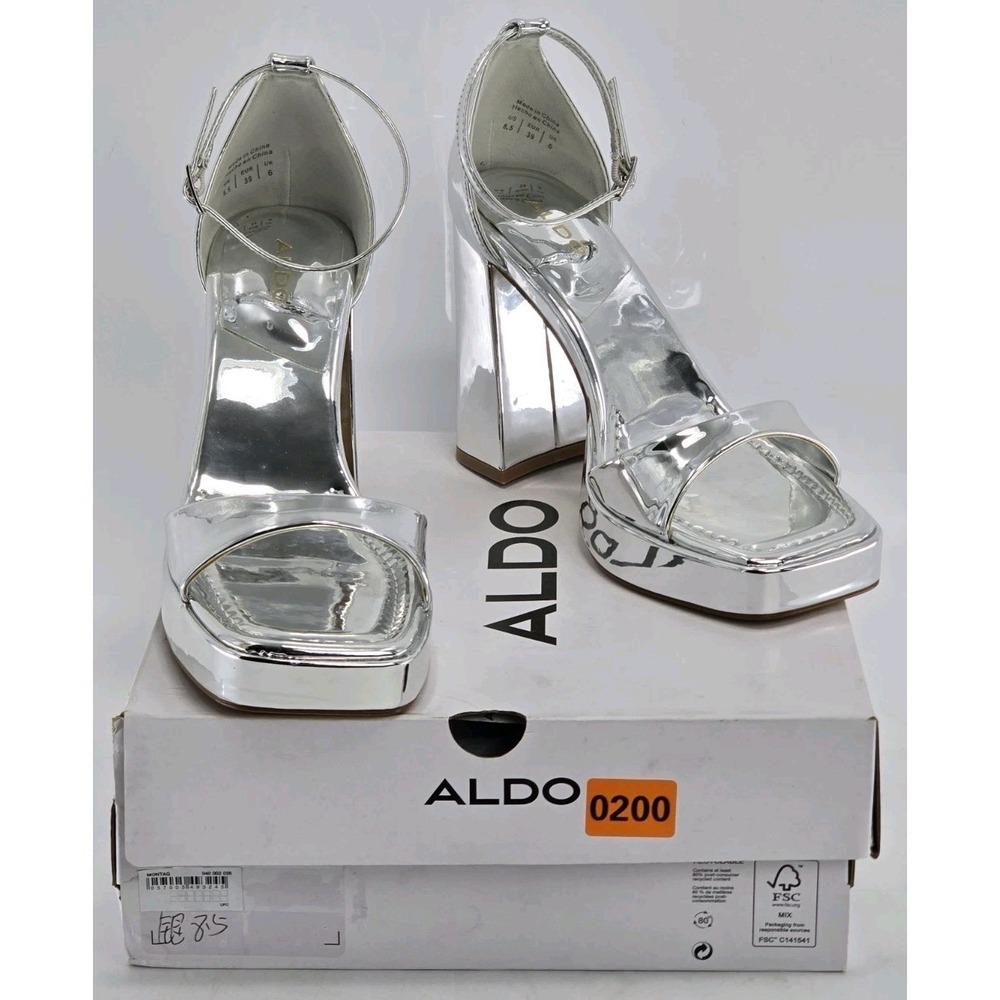 ALDO Women's Montag 4" Heeled Sandal Silver Mirror Size 8.5 - Excellent